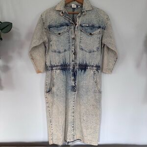 Vintage 80’s IDEAS Stone Acid Washed Denim Snap Front Midi Dress Size Medium